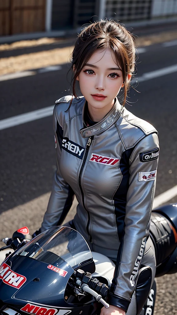 Realistic:1.5), 8k, Super delicate beauty, 1 girl, Intricate body details, (short: 1.3), (Highest quality: 1.0), (Super sharp cutting edge: 1.0),(Beautiful and delicate depiction of eyes),Unreal Engine:1.4, photoRealistic:1.4, Skin Texture:1.4, masterpiece:1.8,Highest quality、smile、Long limbs、、(((motorcycle racing outフィット)))、(((Wearing a grey racing leather suit with many sponsors' logos))、(((blackhead 長い hair))),((Wearing racing leather gloves that cover the fingers and wrists、Racing leather boots)))、((Standing pose with legs extremely crossed)),Full body shot