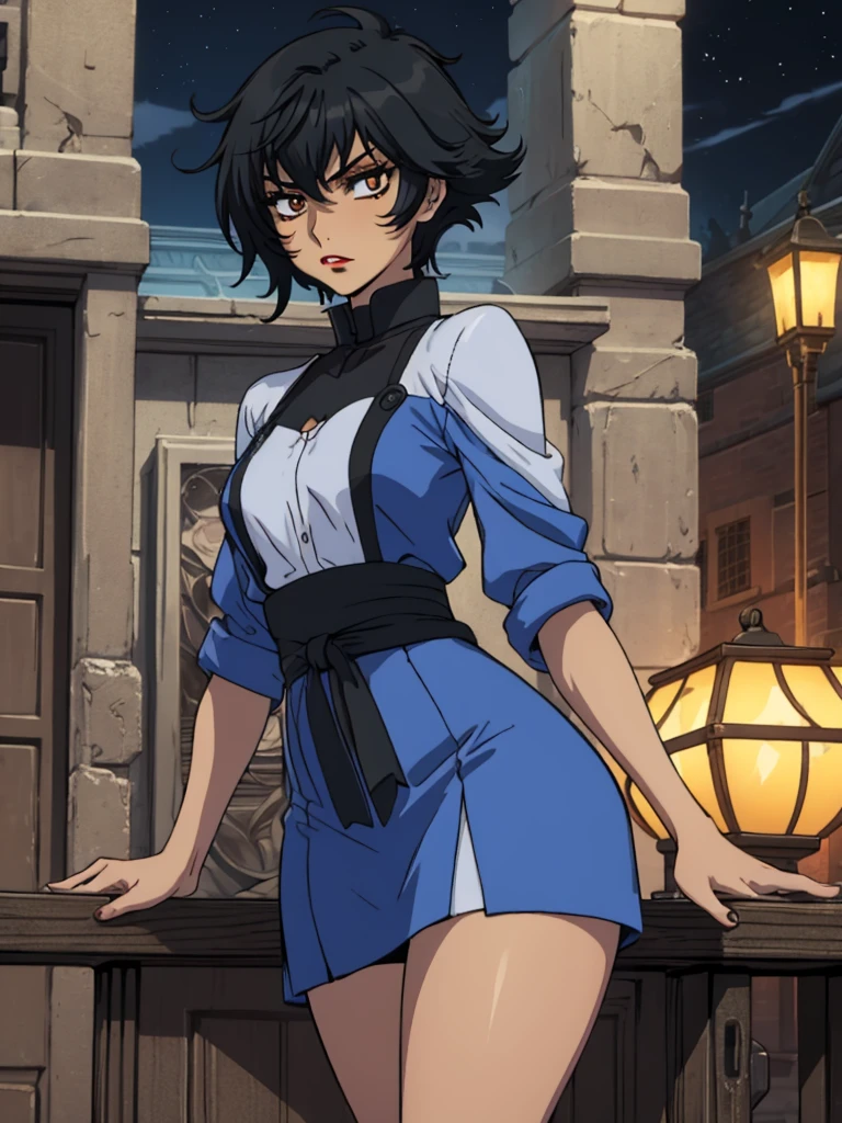 best quality, ultra-detailed, best illustration, masterpiece, high res (1girl:1.3), (large breast:1.5), closed mouth, (21 years old), ((1girl)), ((((solo))), (((alone))), (((genderbend))), (((female))), wide hips, thick thighs, narrow waist, ((blue top)), ((blue dress)), ((in a beautiful mansion)), ((anime artstyle)), long eyelashes, ((long black hair)), (((at night))), (red lipstick), (black eyeshadow), (in the dark), (smiling)