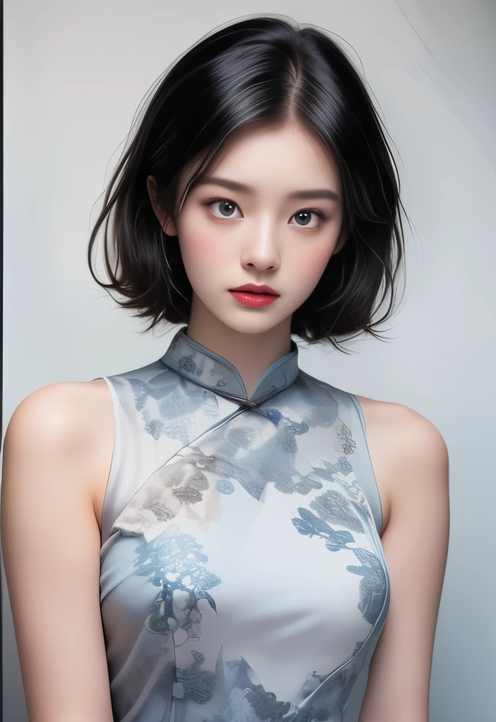 (8K, RAW photos, best quality, masterpiece:1.2), (Practical, photo-Practical:1.3)、((1 female)), 20-year-old Japanese beauty. Clean and fair skin, and the hair is gray、Dark blue eye color, lol, HD face, Curly short hair, (((Tight cheongsam))), Blue and white porcelain，Beautiful Pattern，Oriental elements, Clean colors,White background, Soft lighting, Radiant Skin, Photometry, (((slim))), Bright colors,
