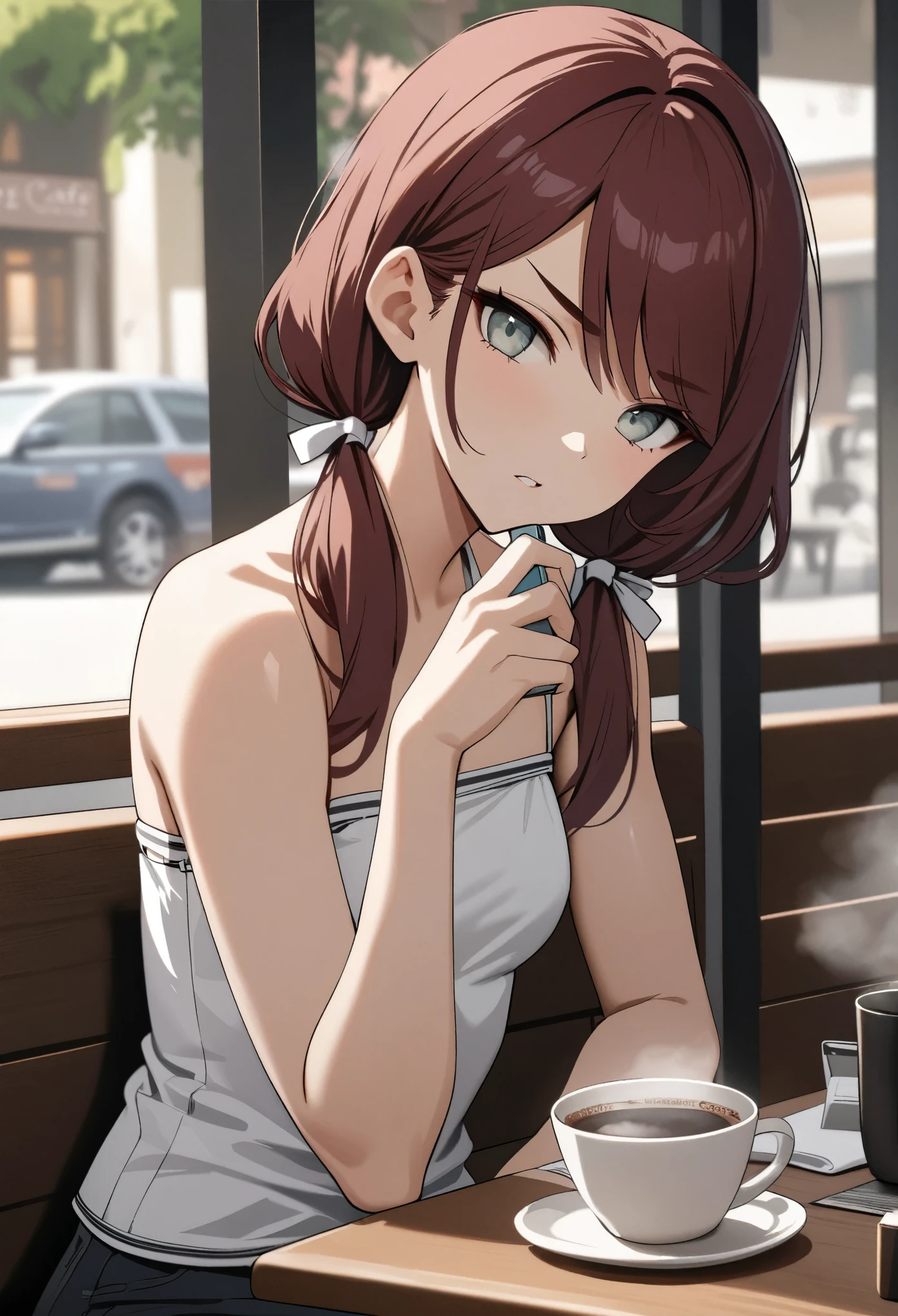 Masterpiece, highres, high Quality, detailed face, over-the-shoulder shot, solo, cafe, stoic, phone in hand, head tilt, furrowed brows, Gray eyes, dark red hair, swept bangs, low twin tails, white ribbons, gray strapless shirt with white trim, black jeans, small breasts, toned arms, tablecloth texture visible, steaming cup of coffee nearby.