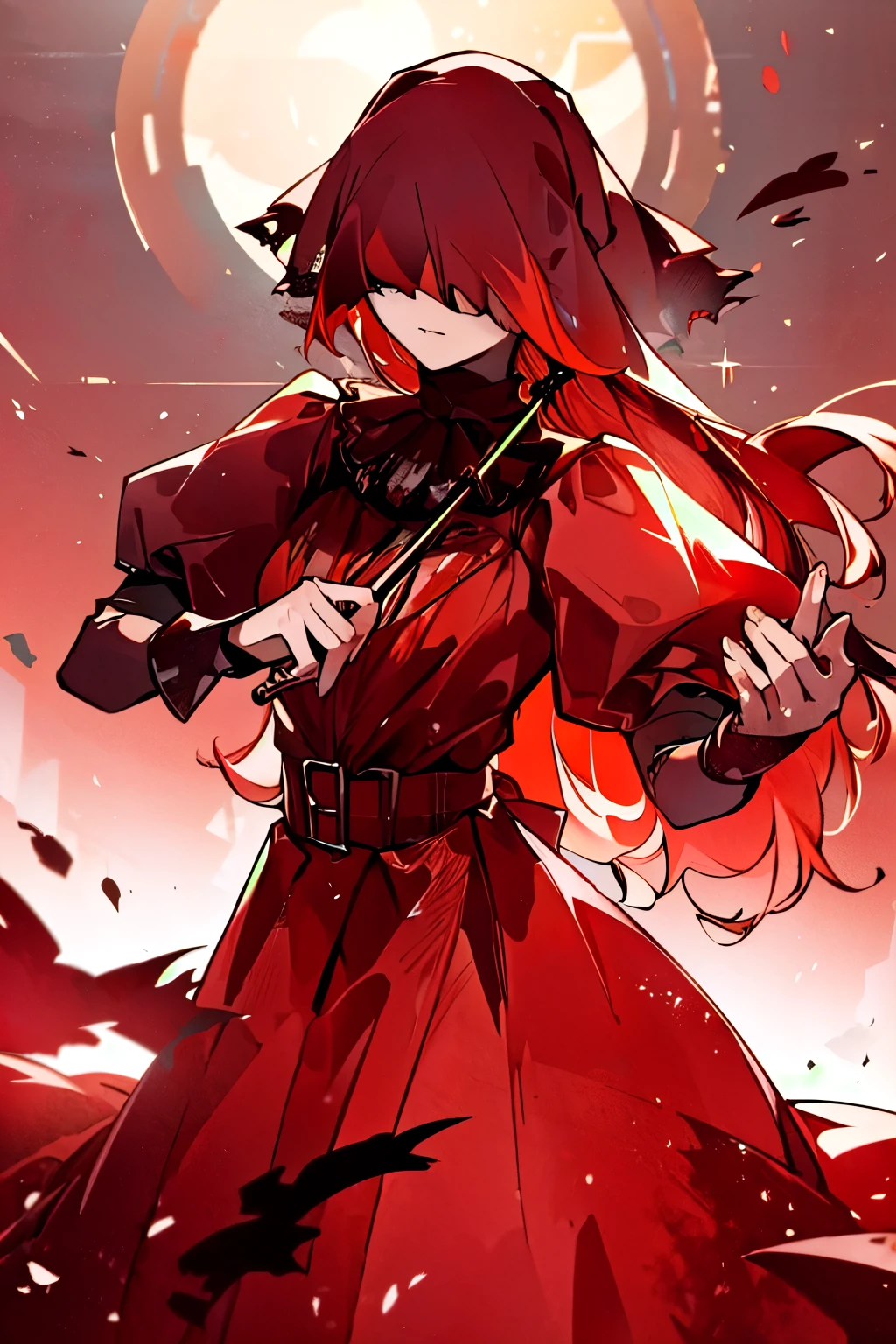 (masterpiece, Highest quality:1.3) Musician DBD, One Girl, alone, gloves, Music Background, Red dress, Holding, Are standing, Red frills, Torn clothes, violin, Long Hair, Red Hair, Veil, Realistic lighting