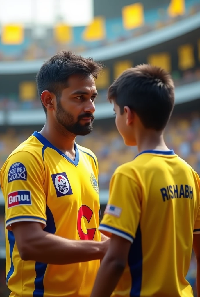 A  fan boy wearing yellow t-shirt with name ''Rishabh'' written on it and standing with dhoni is wearing csk jersey and background featured ipl stadium.csk yellow flags flying in the background of them genrate high resolution realistic image
