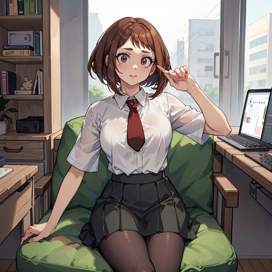 ((Uraraka Ochako)), ​masterpiece, sitting, office background, minimalist art, detailded, meticulous art, No defects, character focus, cenário detailded, body providing, beautiful  face, Body cute, animated cartoon, arte anime, perfect art, perfectionism, (1 girl), (standing alone), (((Maximum quality))), (adult  woman), ((secretary clothes)) social shirt, short black skirt, sitting em uma cadeira de escritório,, seducing, sexly, nice legs, legs showing, pantyhose