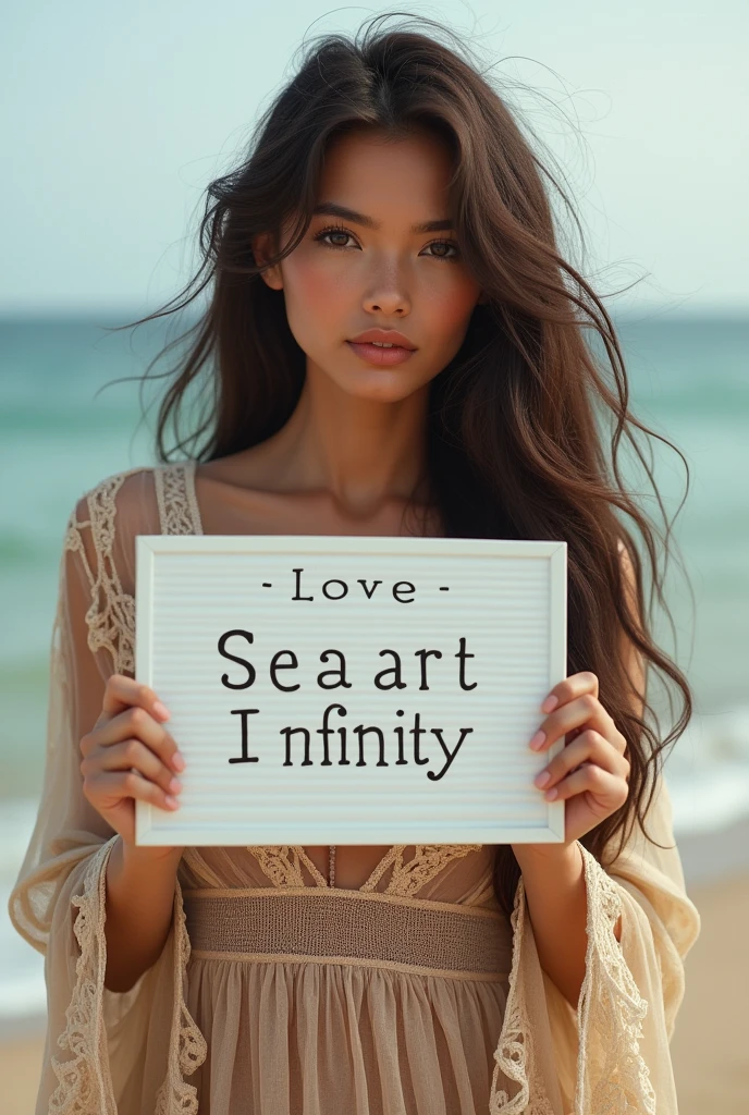 Beautiful girl with wavy long hair, bohemian dress, holding a white board with text "I Love Seaart Infinity" and showing it to the viewer