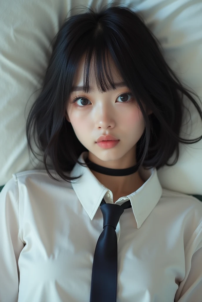 neat girl is beautiful japanese female and beautiful russian female mixed race only in the face age is features of the whole body black hair medium straight bob cut hair style beautiful small face with short eyelashes boyish eyes only high nose dark blue pupils very thin upper lip milky white skin accurate attractive body shape beautiful bust waist hip s thighs knees legs choker and tie on neck shirt with collar lie down relux on bed