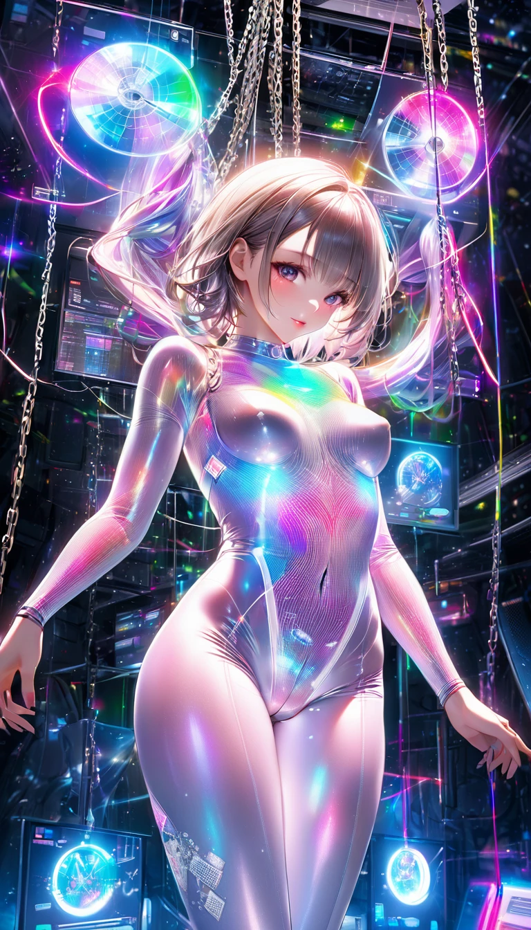 beautiful woman hanging from wire chain, amorous and lewd face, make-up, wearing white shiny rubber tight fitting seamless bodysuit with fine lines seven-color neon light diagram pattern, superlative body proportion, background huge room with analyzers, labs, shading effects, gradation magic effects, foggy filter effects, glitter effects, (ultra detailed, absolutely resolution, best quality:1.3), 2.5D, delicate and dynamic, graphic CG digital art