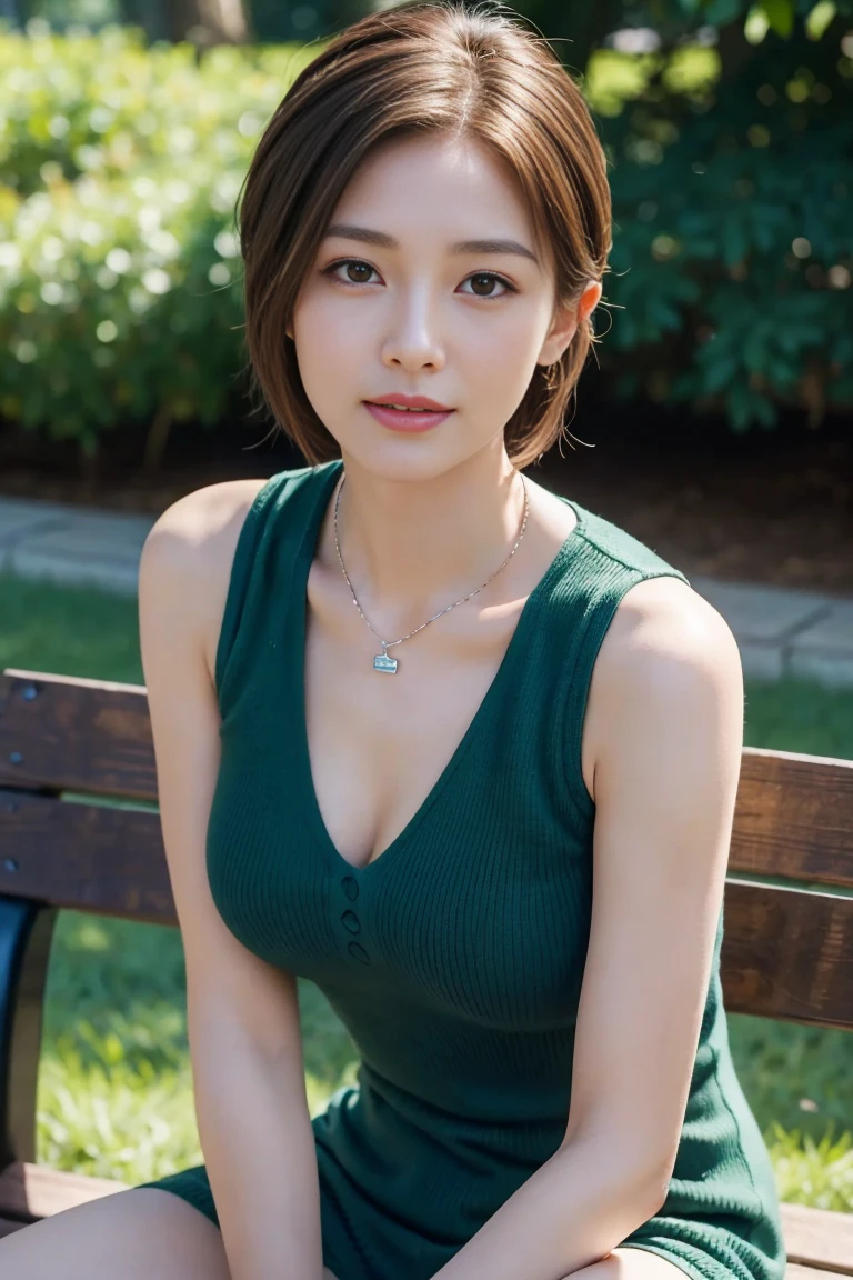 Charming woman,One person、((short))Braided Hair、((Light Brown Hair))、Knit sleeveless,Summer One Piece、Earrings、necklace、Wear a pendant, 
(Shapely small breasts), Cleavage、The clavicle is visible、Brown Hair,Wink with a provocative smile、Cinematic light， Realistically， masterpiece， Highest quality， Complex CGI，Highly detailed face，Eye for detail，The mouth is shaped like a KISS、（Knee to upper body）、Sitting on a bench in Green Park with her legs crossed、