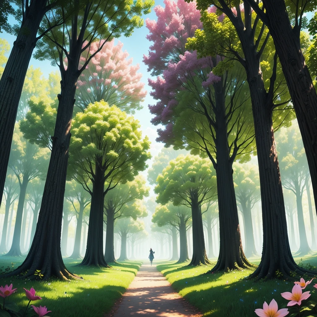 The Enchanted Grove: Picture a grove filled with vibrant, glowing flowers in every color imaginable. The trees are tall and their leaves shimmer with a magical light. Imagine the flowers emitting a soft, enchanting fragrance, filling the air with a sense of wonder and mystery