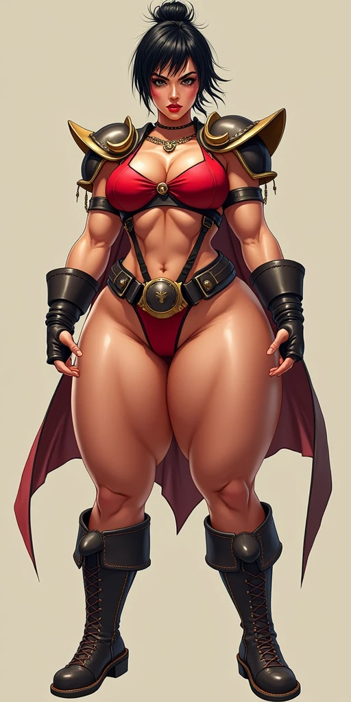 personality, Very short hair fit Woman wearing armor chun li cosplay, Womanly, impossibly small tiny waist abs waistline, circumference of lower extremities far exceeds 80 inches hips, she has massively immense hip measurements, with the worlds largest buttocks, location random, intense detail, bold leggings, hyper realistic, A bottom-heavy, superior body part, voluptuous lower body, feminine figure, portraits, Reductionist form, mujercore, bold lines, in the style of Mike Campau, Iris Van Herpen, Howard Schatz, Russian-Western, an Inferior Physical Goddess