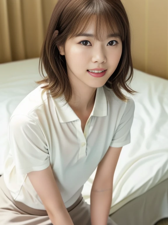 (Masterpiece, Best quality, 8K:1.3), (Ultra realistic, Photo-realistic:1.2), (From above:1.3), From side, (Crawling position:1.1), (Seductive pose:1.1), Natural light, 28 years old actress, Japanese women, Neat and clean, (Wearing white tennis uniform, White short-sleeve polo shirt:1.3), (unbutton:1.3), (White tennis mini skirt:1.3), White sock, (Beautiful thighs:1.1), (ponytail:1.1), (Short wavy hair:1.2), Light brown hair color, (Beautiful Face), Oval face, clear, Beautiful eyes, Kind eyes, Bedroom eyes, (Clear skin), Natural makeup, Small face, Small mouth, Beautiful mouth, Approachable, Hotel Suite room, On bed, Seductive smile, Shy,