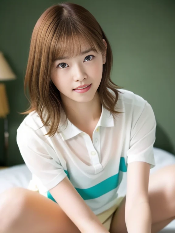 (Masterpiece, Best quality, 8K:1.3), (Ultra realistic, Photo-realistic:1.2), (From above:1.3), From side, (Crawling position:1.1), (Seductive pose:1.1), Natural light, 28 years old actress, Japanese women, Neat and clean, (Wearing white tennis uniform, White short-sleeve polo shirt:1.3), (unbutton:1.3), (White tennis mini skirt:1.3), White sock, (Beautiful thighs:1.1), (ponytail:1.1), (Short wavy hair:1.2), Light brown hair color, (Beautiful Face), Oval face, clear, Beautiful eyes, Kind eyes, Bedroom eyes, (Clear skin), Natural makeup, Small face, Small mouth, Beautiful mouth, Approachable, Hotel Suite room, On bed, Seductive smile, Shy,