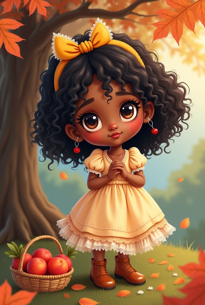 black female, with dark hair, curlies, in chibi, big cute eyes, peach-toned cheek, reddened mouth, with one eye blinking, cabelos curlies, in the scenery with brown autumn leaves, an oak, flared dress with a defined waist, lace and puff sleeves, a little yellow bow, fly away, fly away, fly away, glare eyes, glare eyes, a tiara with a yellow bow and white embroidery in the hair, a shiny brown boot, shiny brown leather ankle boots, a small straw basket with reddish peaches