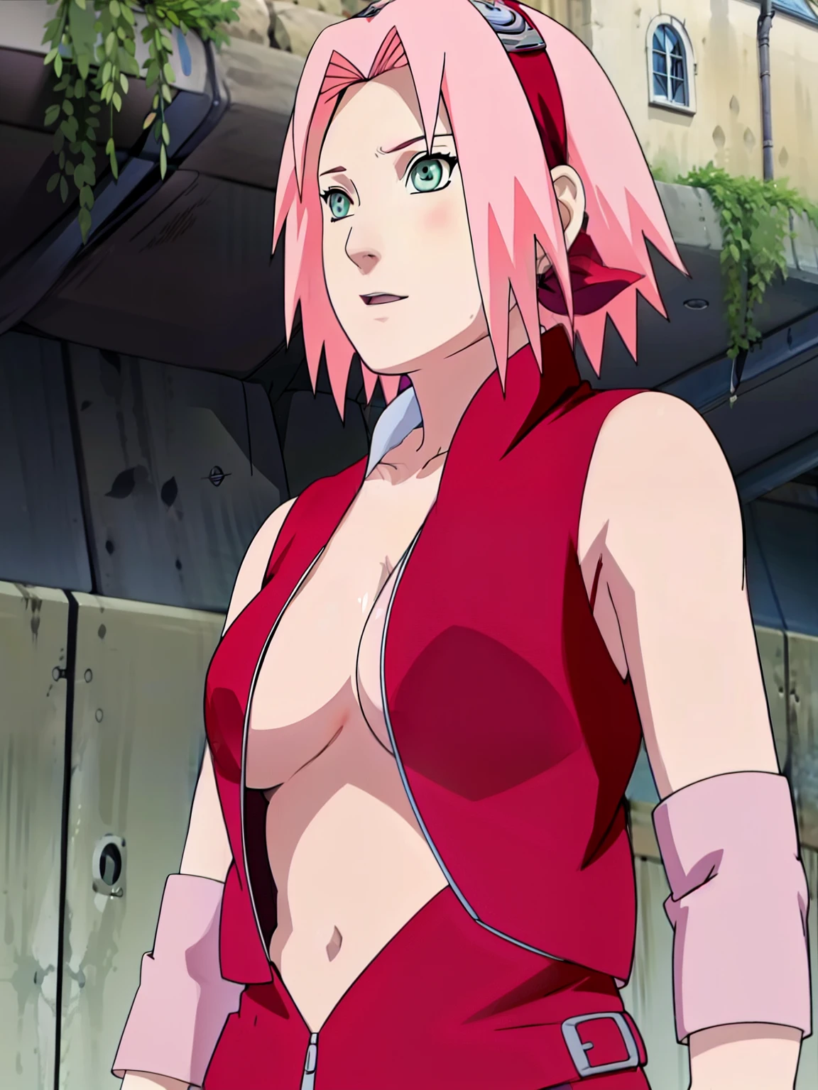 Sakura Haruno showing visible armpit open blouse open zipper ripped blouse open shirt ripped shirt showing chest visible breasts and sexy belly visible.
