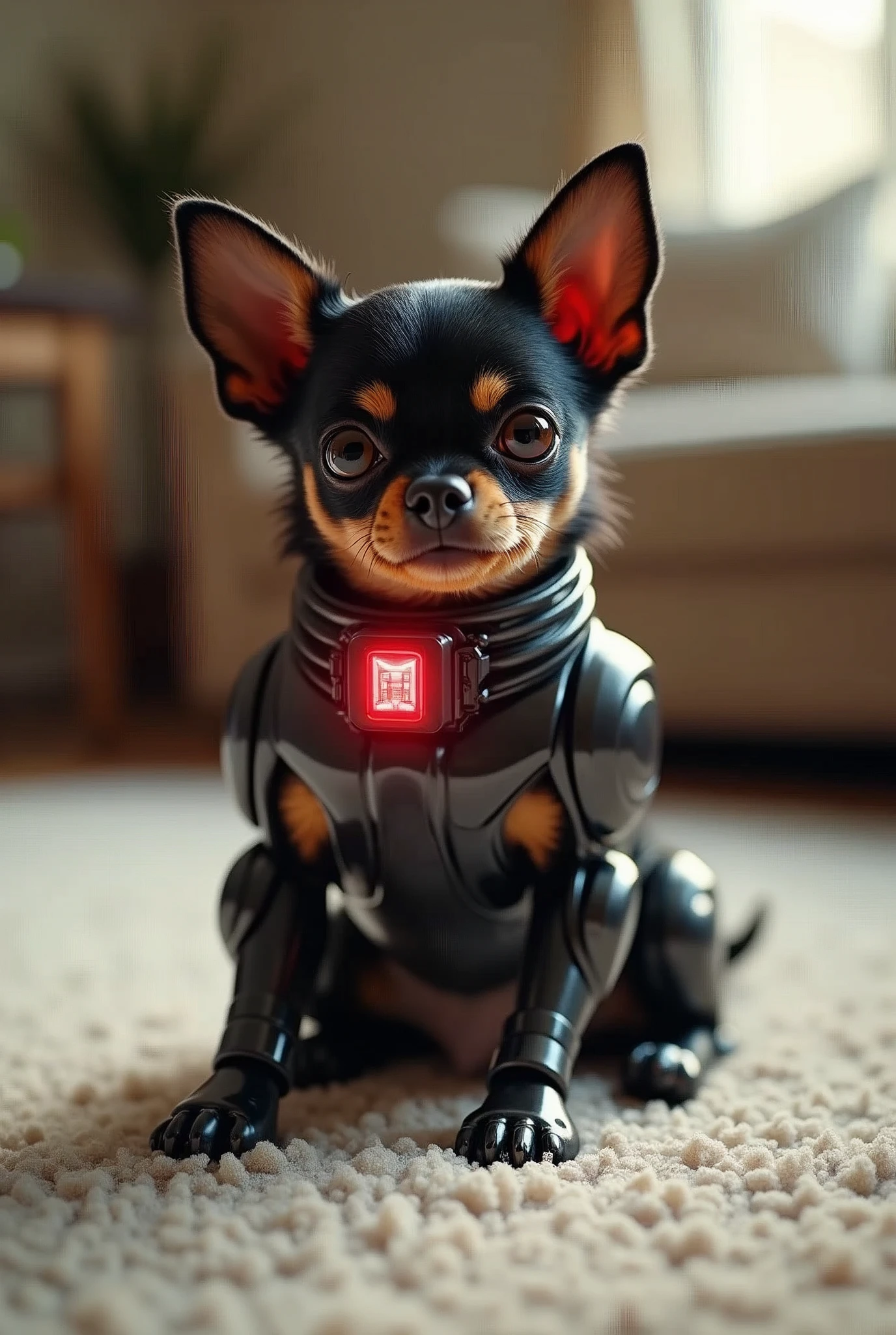 A Hyperrealism, full body close-up shot of a robotically enhanced Chihuahua, its adorable black head with big golden eyes and a sweet expression, perched atop a sleek black metallic body with silver accents thick neon red dog color around the neck with a digital dog tag that is red with gleaming robotic legs but realistic black paws. playing on the carpeted floor in a living room, The stark contrast between organic and synthetic features creates an intriguing visual dichotomy, inviting the viewer to ponder the intersection of technology and cuteness, retina, accurate, masterpiece, super detail, high details, best quality, award winning, highres, HD, 4K, 8k, 16k, realistic