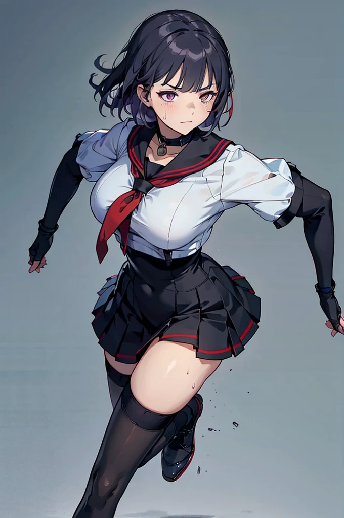 NSFW, masutepiece, Insanely hot standing (woman 1) Use something sexy ((School uniform)), (((Lifted skirt)), (Thin thief), (fear expression), blushed face, Red Eyes, Black hair, very small boobs, Hair tied in red ribs, Panties
