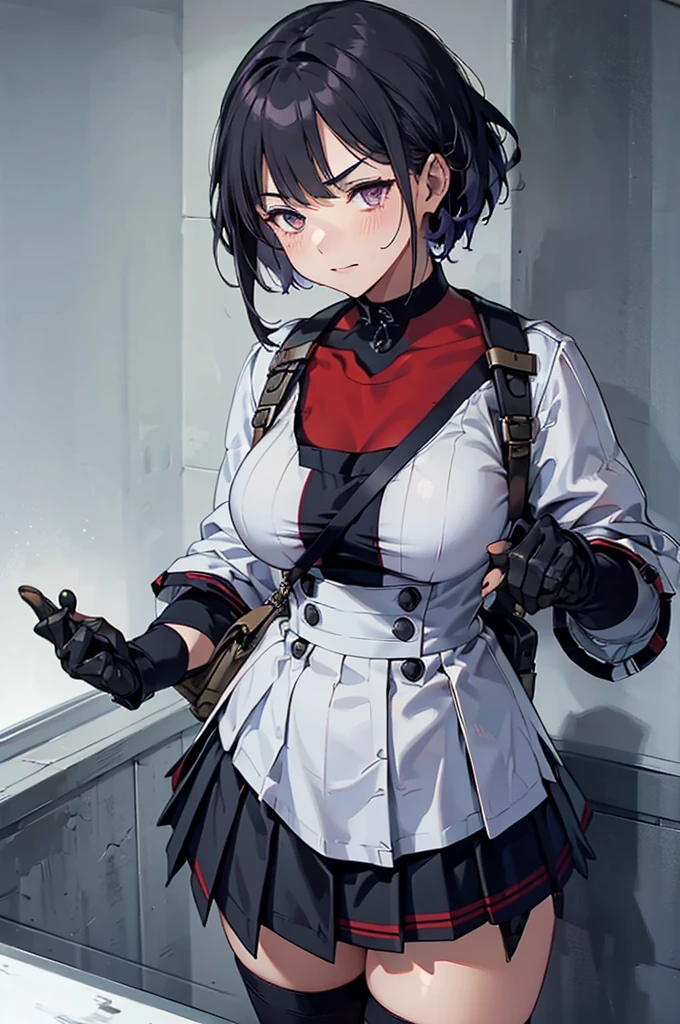 {{masterpiece}}, {{{Highest quality}}},{{Very detailed}},One girl,30 years old,{Mature Woman}},Cowboy Shot{{Small breasts}},{{Female Fighter}},Combat Stance,Fighting Pose,action,{{Black long-sleeved sailor suit}},Black pleated skirt,,Red Sailor Collar choker Red fingerless gloves ,{{V-shaped eyebrows}},Bad mood,blush、Sweat Thighs