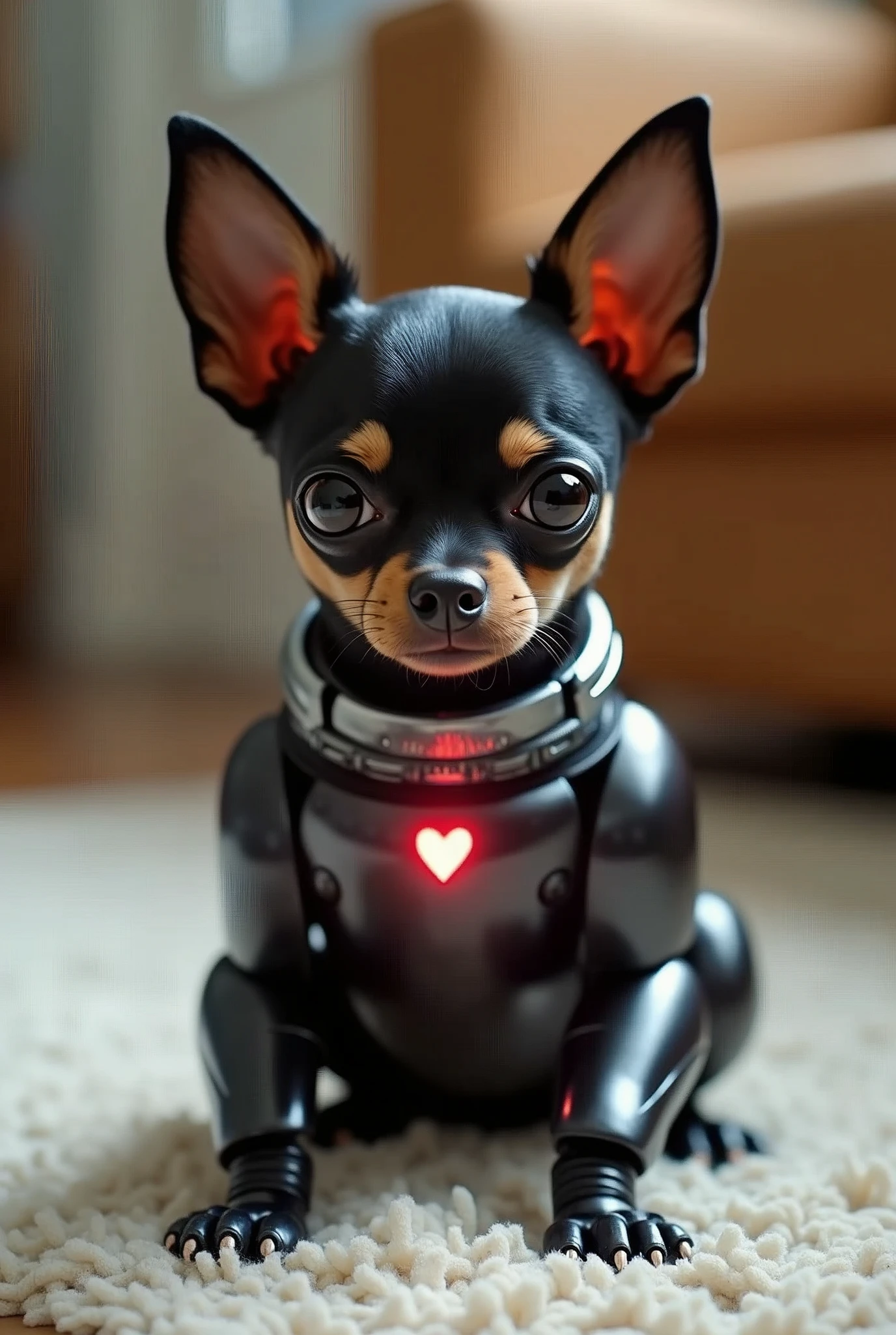 A   Hyperrealism, full body close-up shot of a robotically enhanced Chihuahua, its adorable black head with big golden eyes and a sweet expression, perched atop a sleek black metallic body with silver accents thick neon red dog color around the neck with a digital dog tag that is red with gleaming robotic legs but realistic black paws. playing on the carpeted floor in a living room, The stark contrast between organic and synthetic features creates an intriguing visual dichotomy, inviting the viewer to ponder the intersection of technology and cuteness, retina, accurate, masterpiece, super detail, high details, best quality, award winning, highres, HD, 4K, 8k, 16k, realistic