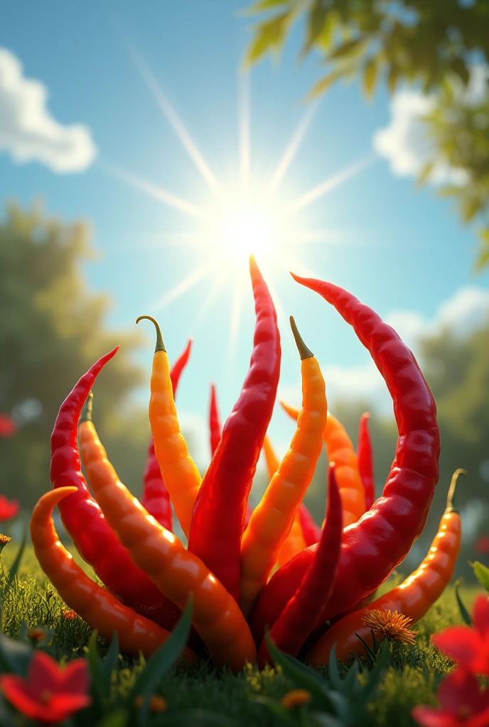 chili peppers worshiping the sun realistic 