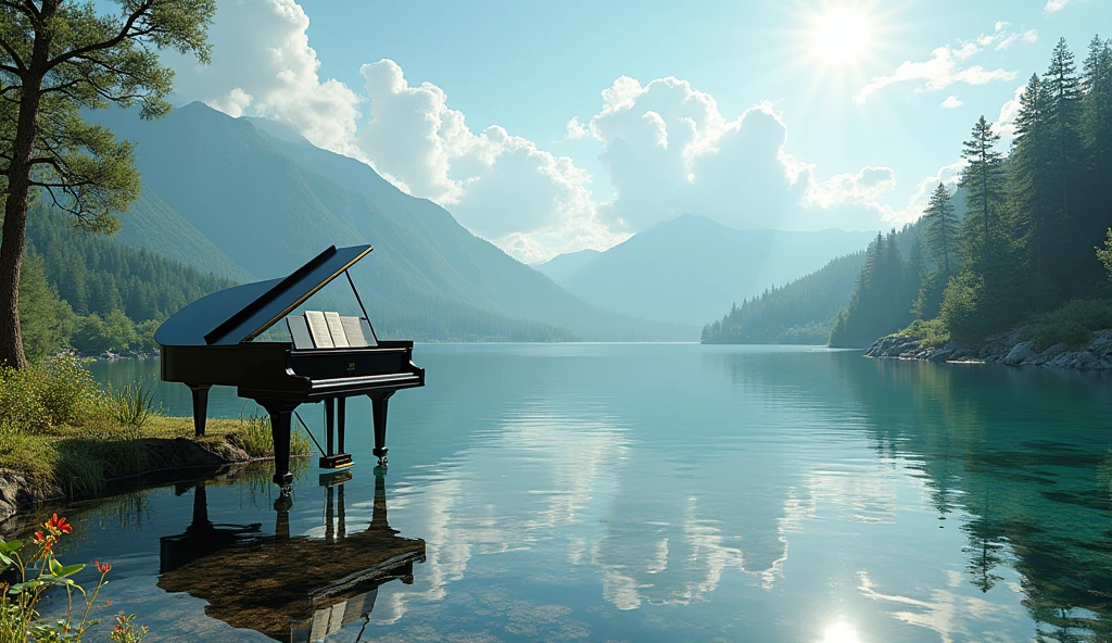 「A grand piano is placed on the quiet lakeside.、Its shape is reflected on the clear water surface.。Fluffy clouds spread across the sky、The sunlight shines softly、Creates a calm and dreamy atmosphere。The surrounding landscape is lush and green.、There are several pine trees and colorful flowers in bloom.、The piano stands out in the natural surroundings。There is music open on the piano's music stand.、It's as if a melody is waiting to be played in this quiet place.。」