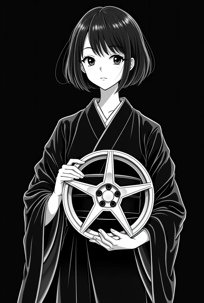 Drawing with a white pen on a black background。
No grey, just black and white。
A woman in a kimono holding a single car wheel。
Bob hairstyle。Anime Style。
The wheel facing sideways has five spokes。