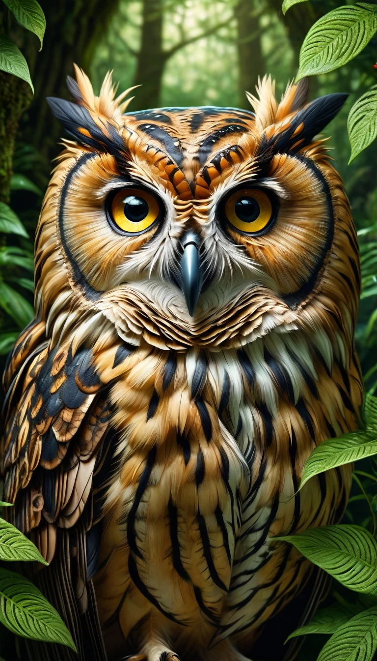 A highly detailed, hyper-realistic, and vibrant portrait of a four-eyed owl with a human-like face, perched in a lush, verdant forest, (best quality,4k,8k,highres,masterpiece:1.2),ultra-detailed,(realistic,photorealistic,photo-realistic:1.37),extremely detailed animal,intricate patterns,realistic lighting