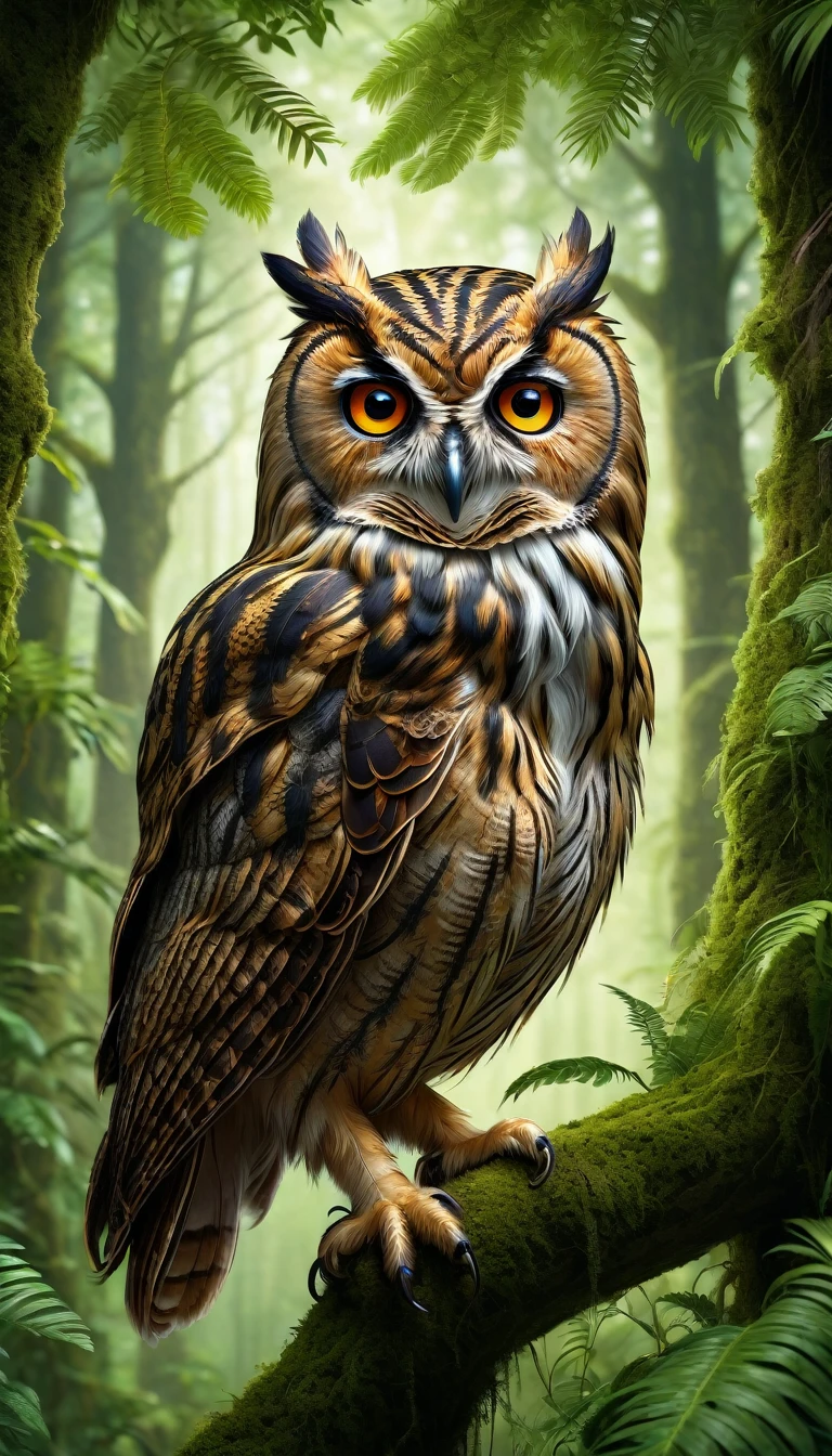 A highly detailed, hyper-realistic, and vibrant portrait of a four-eyed owl with a human-like face, perched in a lush, verdant forest, (best quality,4k,8k,highres,masterpiece:1.2),ultra-detailed,(realistic,photorealistic,photo-realistic:1.37),extremely detailed animal,intricate patterns,realistic lighting