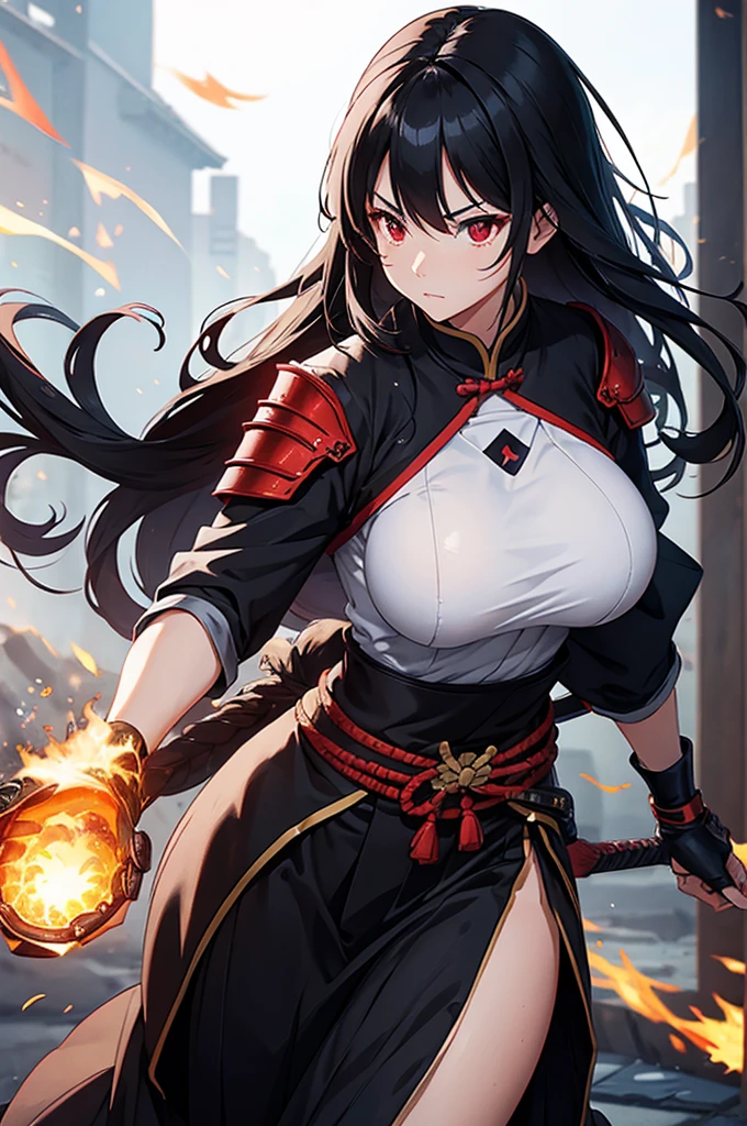 female big breast samurai armor long black hair red eyes fire