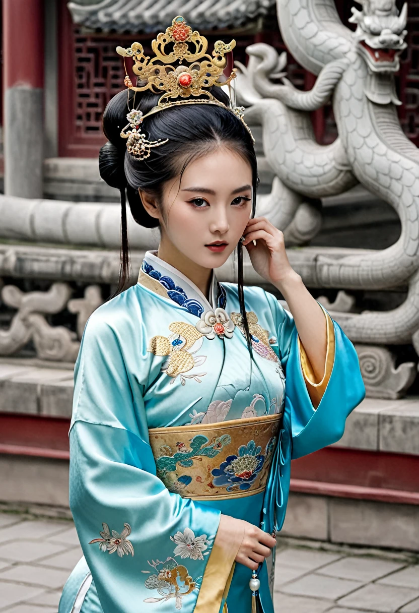 Stone letter M (pornographic pose) outside a Chinese palace during the Qing Dynasty A gorgeous Chinese courtesan with her hair tied on both sides A perverted and erotic woman wearing a crown and tying her hair is the backdrop for a gorgeous room of an empress in a Chinese court during the Qing Dynasty.