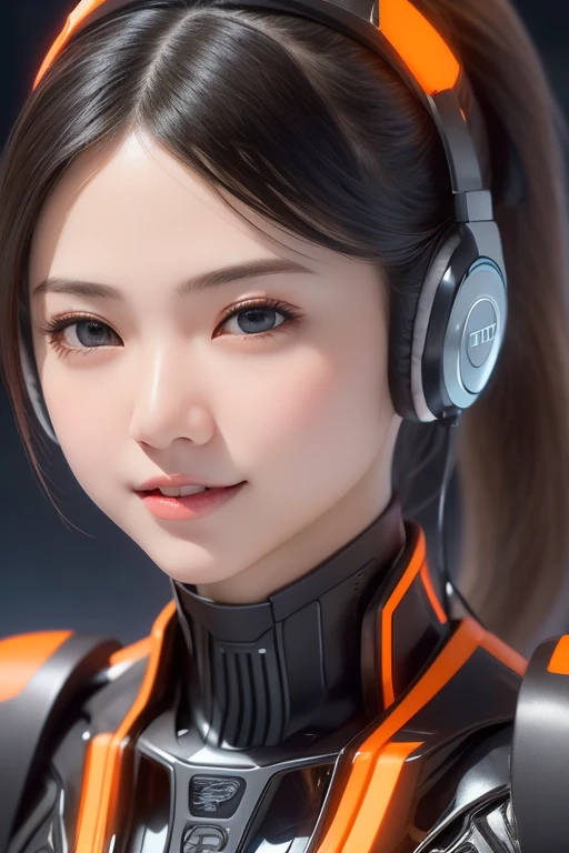 Top Quality, Masterpiece, Ultra High Resolution, (Photorealistic: 1.4), Raw Photo, 1 Girl, Black Hair, Glossy Skin, 1 Mechanical Girl, (((Ultra Realistic Details)), Portrait, Global Illumination, Shadows, Octane Rendering, 8K, Ultra Sharp, Intricate Ornaments Details, realistic skin, sweat effect, ((wearing Headphone)), very intricate detail, realistic light, CGSoation trend, brown eyes, glowing eyes, matte black and glossy orange mechanical bodysuit, Long hair, black hair, Ponytail hair, Half body shot, spaceship bridge background, dynamic pose, cute smile, close up, Open Mouth, facing audience