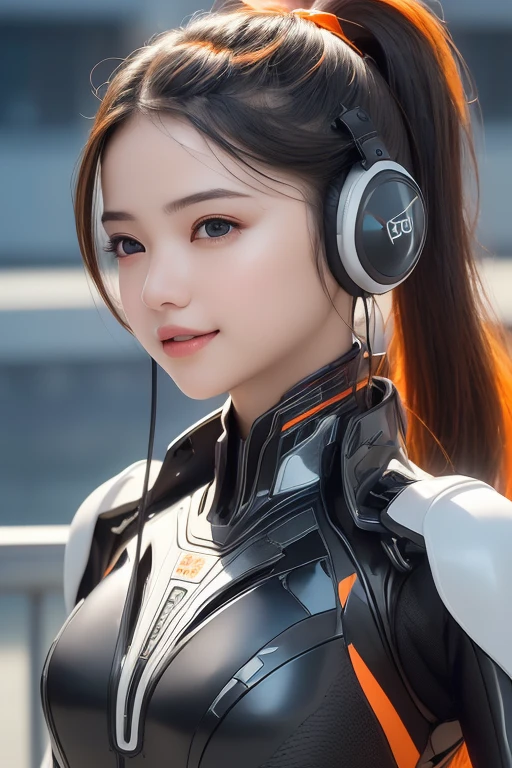 Top Quality, Masterpiece, Ultra High Resolution, (Photorealistic: 1.4), Raw Photo, 1 Girl, Black Hair, Glossy Skin, 1 Mechanical Girl, (((Ultra Realistic Details)), Portrait, Global Illumination, Shadows, Octane Rendering, 8K, Ultra Sharp, Intricate Ornaments Details, realistic skin, sweat effect, ((wearing Headphone)), very intricate detail, realistic light, CGSoation trend, brown eyes, glowing eyes, matte black and glossy orange mechanical bodysuit, Long hair, black hair, Ponytail hair, Half body shot, spaceship bridge background, dynamic pose, cute smile, close up, Open Mouth, facing audience