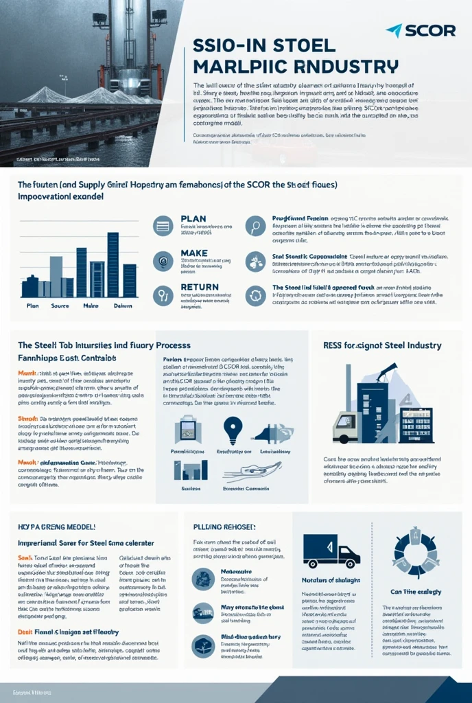 "Design an infographic that outlines the future of steel industry processes and supply chain improvements using the SCOR model. The infographic should include the following sections:Plan (Planning) 

Current Issues: Uncertainty in demand forecasting, inefficient planning, lack of information.
Improvement Strategies: AI and machine learning-based demand forecasting systems, advanced analytics tools for scenario planning.
Source (Sourcing)