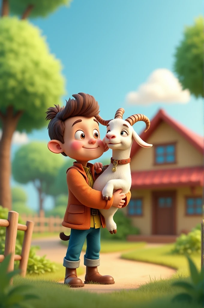 A house with some trees in the background and a man loving his goat in the front cartoon 3d image