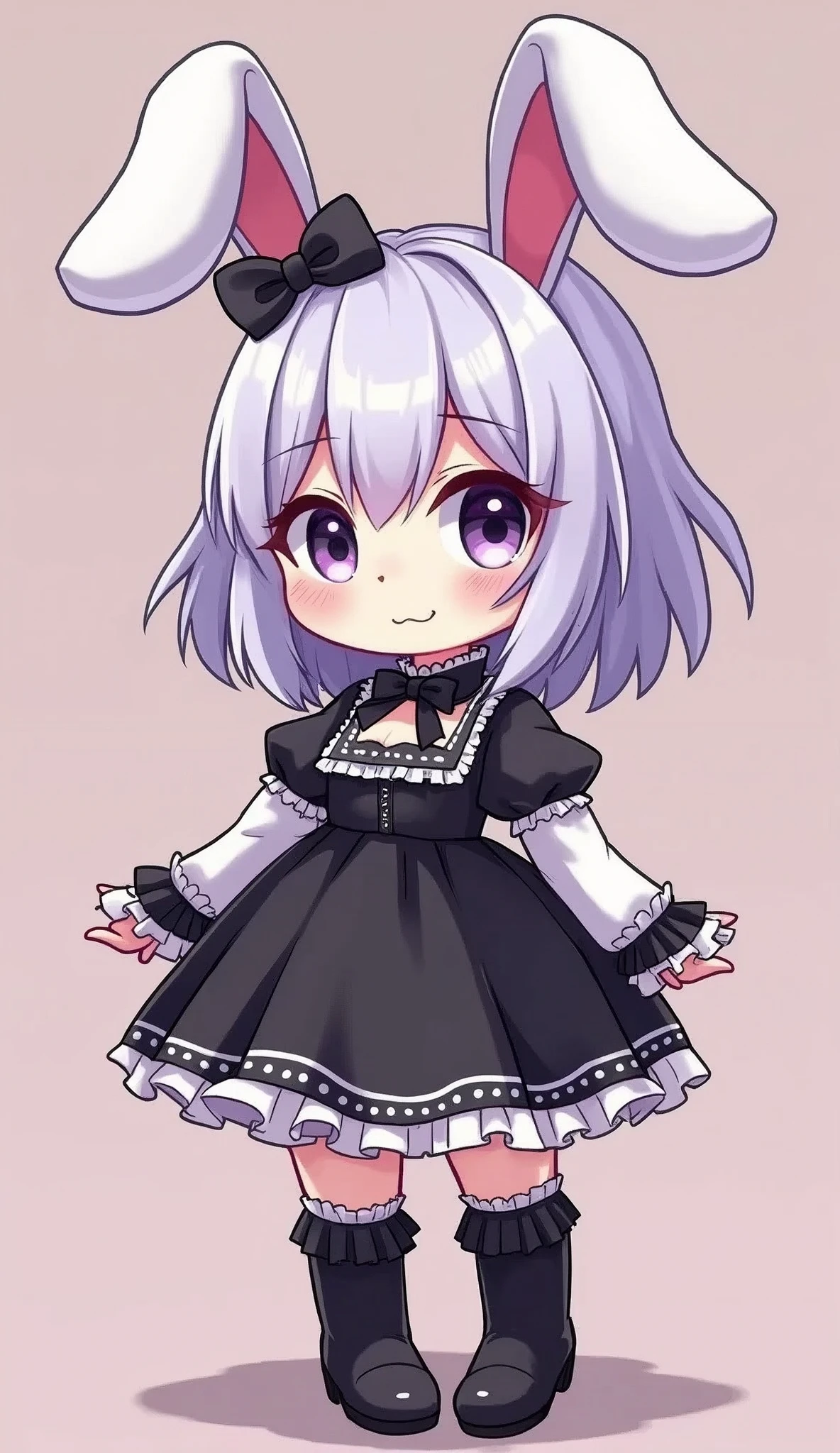 Cute furry bunny girl with white hair and very light pastel purple hair with floppy bunny ears prism gray eyes with a beautiful robust body, big bust and hips and chubby anime style appearance wearing a black and white goth lolita dress and knee-high boots