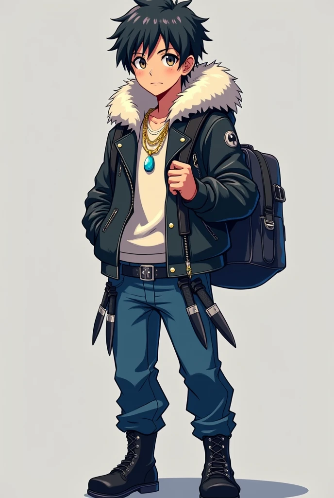 teenager, Whole body, athletic, rubio, eyes the color of honey, Leather jacket with polar fleece on the hood, schoolbag, belt with knives, blue pants, black boots, Gold necklace with a sky-blue gem, power in one hand, anime, 4k, epic