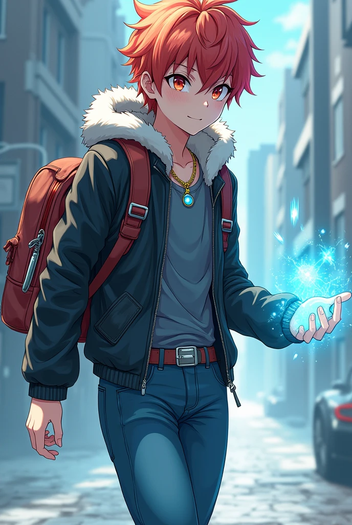 teenager, Whole body, athletic, rubio, eyes the color of honey, Leather jacket with polar fleece on the hood, schoolbag, belt with knives, blue pants, black boots, Gold necklace with a sky-blue gem, power in one hand, anime, 4k, epic