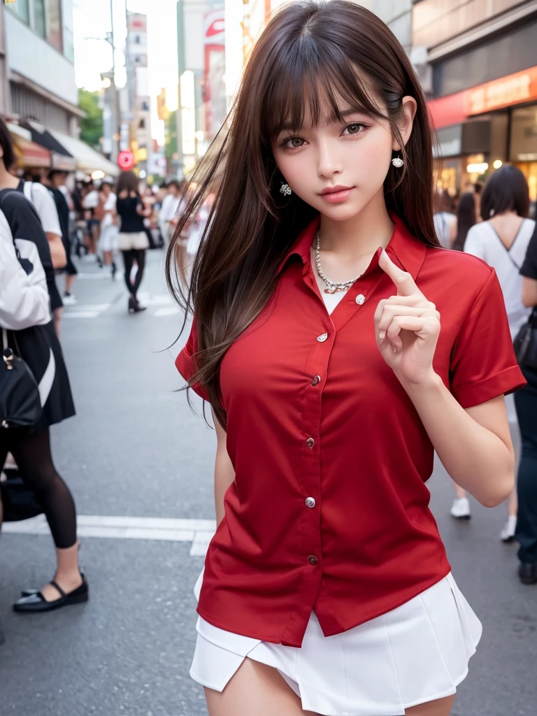 Product quality,1 girl,Cowboy Shot,Front view,(Thigh Emphasis:1.6),Young and sexy Japanese girl,20-year-old,Harajuku,(Crowded street:1.4),Snazzy,((Red Shirt:1.5)),wear,(Snazzyバッグ:1.3),Fashionable necklaces,Stylish earrings,((White Ultra Short Micro Mini Skirt:1.5)),wear,((Small Head,face:0.3))とてもかわいいface,赤ちゃんのface,Glossy Lips,Double eyelids on both eyes,(Natural Makeup),Small and cute nose,shiny smooth light brown long hair,,,,,Asymmetrical bangs,Center image,8k resolution,Attention to detail,Detailed hairstyle,詳細なface,Cinema Lighting,Octane Rendering,Ultra-realistic,Perfect limbs,(Detailed fingers:1.5),Beautiful legs,Voluptuous thighs,Huge breasts,Perfect Anatomy,(Model sexy pose:1.5)