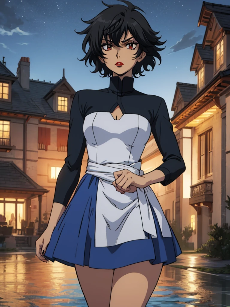 best quality, ultra-detailed, best illustration, masterpiece, high res (1girl:1.3), closed mouth, (19 years old), ((1girl)), ((((solo))), (((alone))), (((genderbend))), (((female))), wide hips, thick thighs, flat chest, narrow waist, ((blue top)), ((blue dress)), ((in a beautiful mansion)), ((anime artstyle)), long eyelashes, ((long black hair)), (((at night))), (red lipstick), (black eyeshadow), (in the dark)