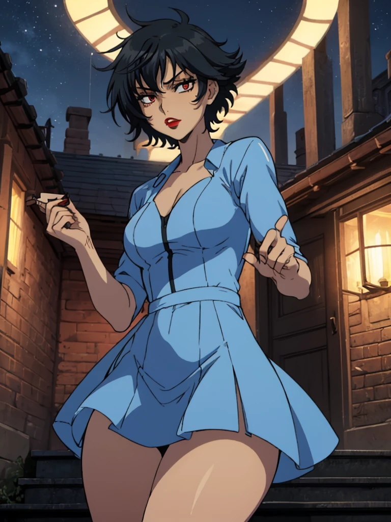 best quality, ultra-detailed, best illustration, masterpiece, high res (1girl:1.3), closed mouth, (19 years old), ((1girl)), ((((solo))), (((alone))), (((genderbend))), (((female))), wide hips, thick thighs, flat chest, narrow waist,  ((blue top)), ((blue dress)), mansion, ((anime artstyle)), long eyelashes, ((long black hair)), (((at night))), (red lipstick), (black eyeshadow), (in the dark)