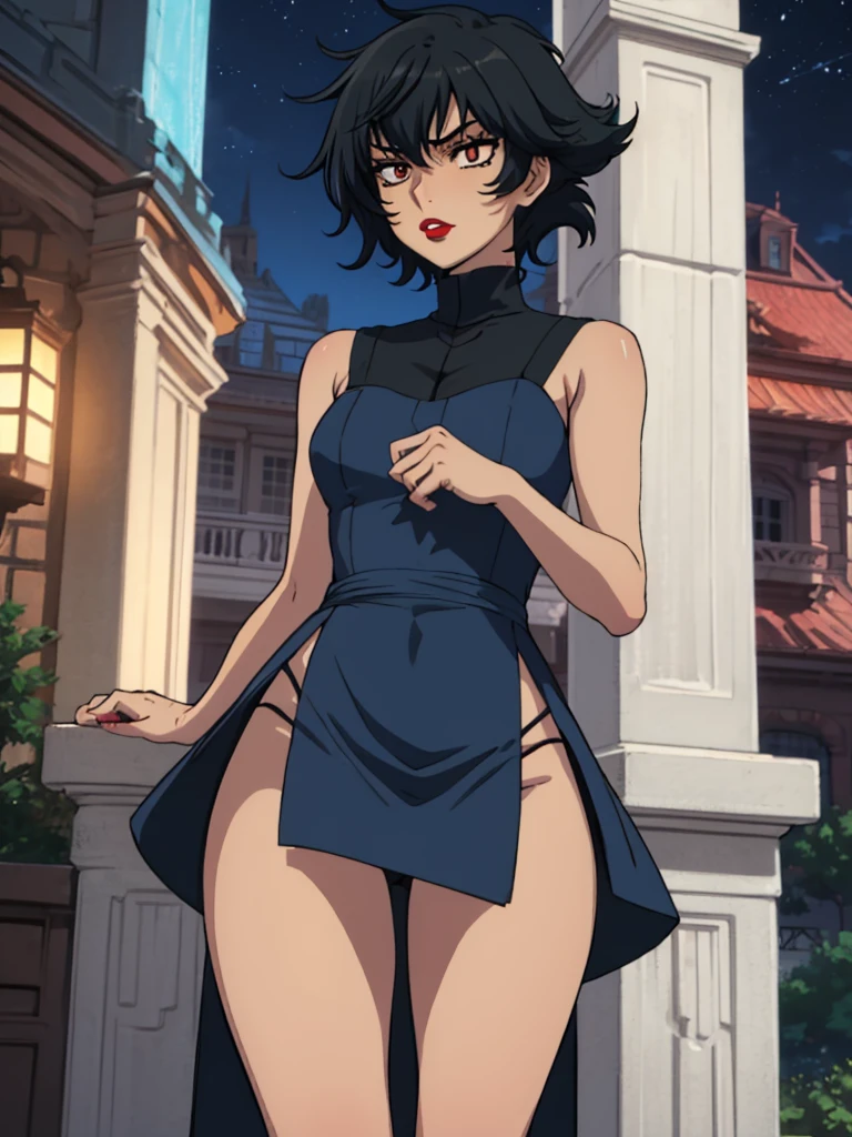 best quality, ultra-detailed, best illustration, masterpiece, high res (1girl:1.3), closed mouth, (19 years old), ((1girl)), ((((solo))), (((alone))), (((genderbend))), (((female))), wide hips, thick thighs, flat chest, narrow waist, ((blue top)), ((blue dress)), ((in a beautiful mansion)), ((anime artstyle)), long eyelashes, ((long black hair)), (((at night))), (red lipstick), (black eyeshadow), (in the dark)