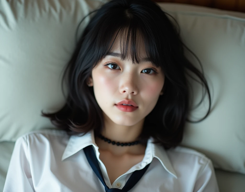 neat girl is beautiful japanese female and beautiful russian female mixed race only in the face age is 17 features of the whole body black hair medium straight bob cut hair style beautiful small face with short eyelashes boyish eyes only high nose dark blue pupils very thin upper lip milky white skin accurate attractive body shape beautiful bust waist hip s thighs knees legs choker and tie on neck shirt with collar lie down relux on bed