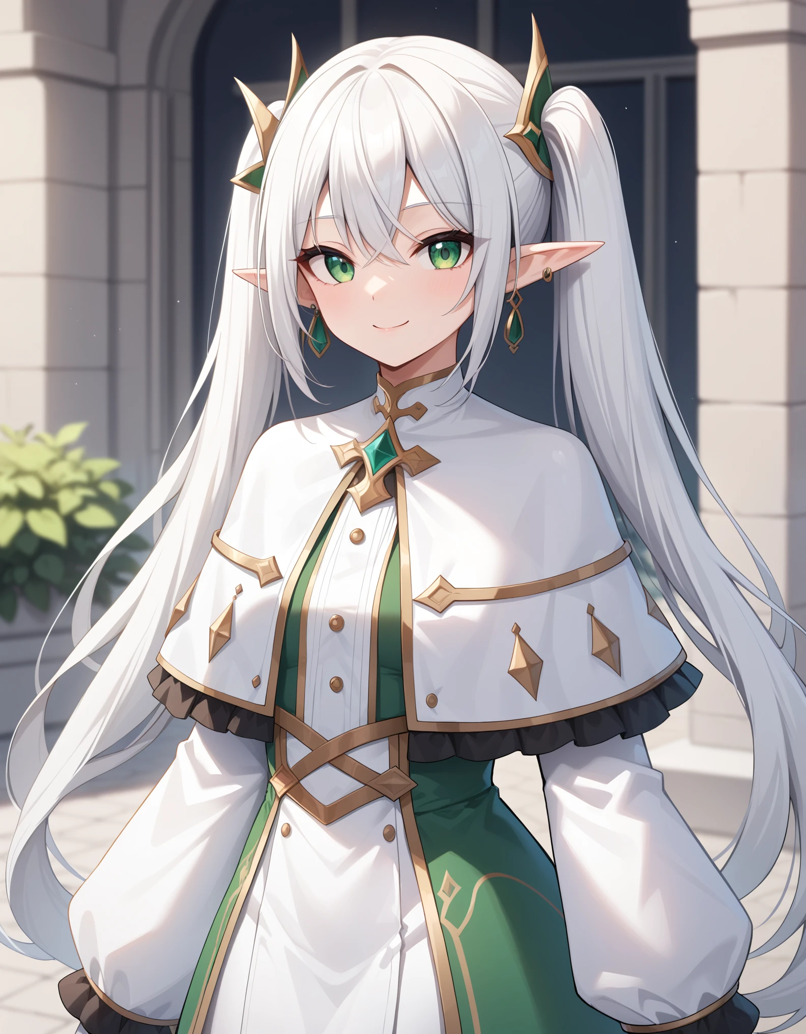 Masterpiece, (best quality), highres, ultra-detailed 2d, frieren, (frieren:1.2), 1girl, earrings, elf, long hair, pointy ears, solo, twintails, green eyes, earrings, white hair, looking at viewer, capelet, white capelet, white sleeves, long sleeves, standing, outdoor, standing, smile