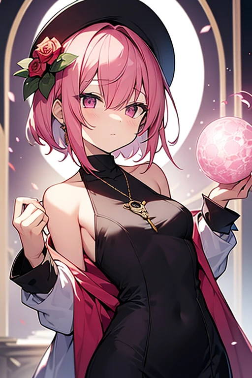 One Woman, Pink Hair,short hair,Bangs between the eyes,Red eyes,Small breasts,magician's attire,Flower decoration on head,Purple pendant,silk hat,Magician's stick in one hand,smile,Knee-length tights,Fountain and palace in the background,Dutch Angle