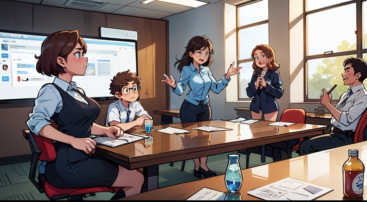I want a picture of a group of people discussing a problem in a large conference room