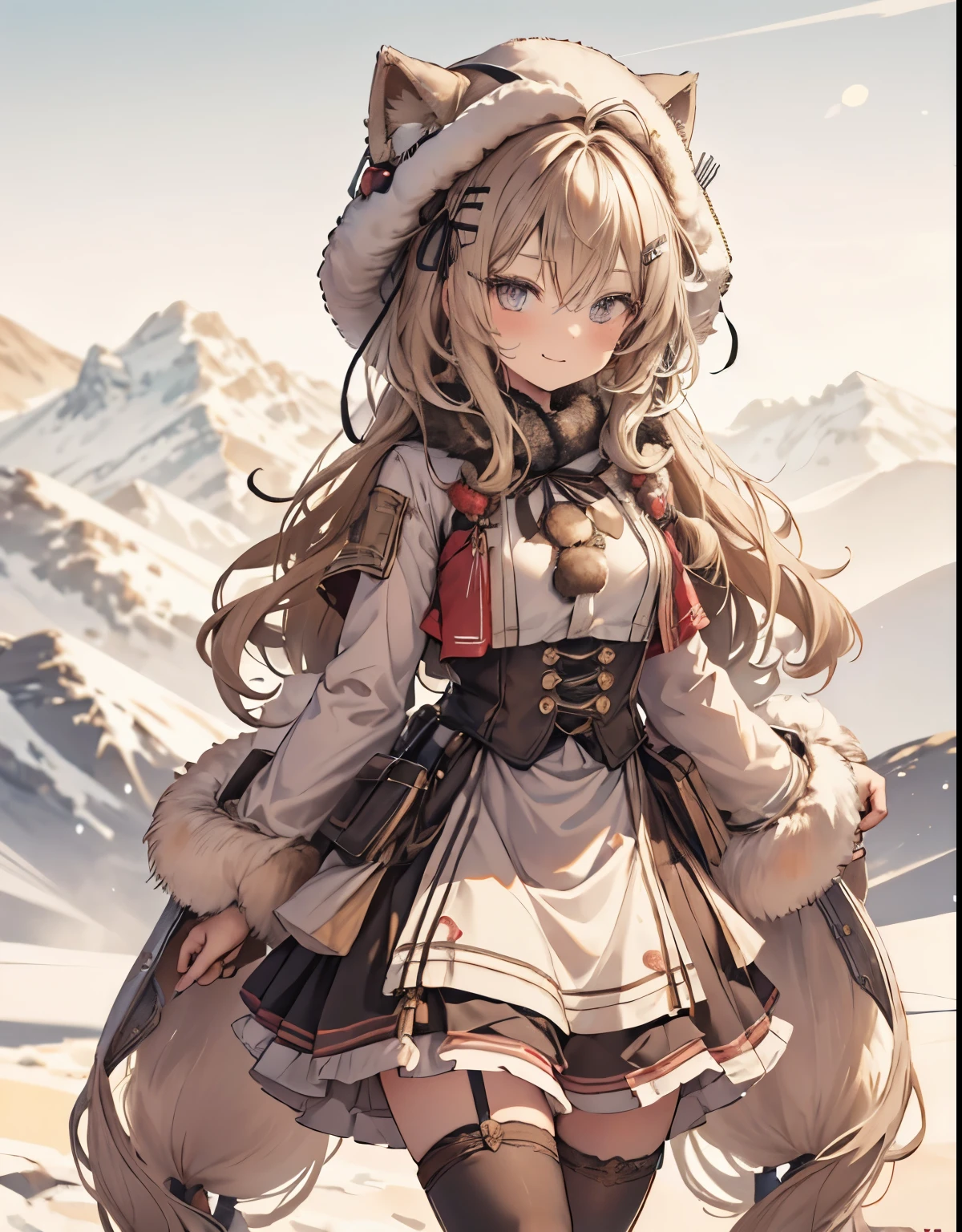 masterpiece, 1girl, sparrow, a blonde haired girl, wearing a eskimo clothes, curly long hair, messy hair, slim body, he close her left eye, shirt ornament, ruby eyes, ahoge, baby face, medium breast, beautiful breasts, rounded breasts, long sleeves, beautiful eyes, white stocking, droopy eyes, her age is 19 years old, azusa_bluearchive, seductive face, medium hair, smile, curly hair, furry cat winter hat, stepa, MongolPunkAI, (furry stocking:1), snow field, (furry skirt:1)