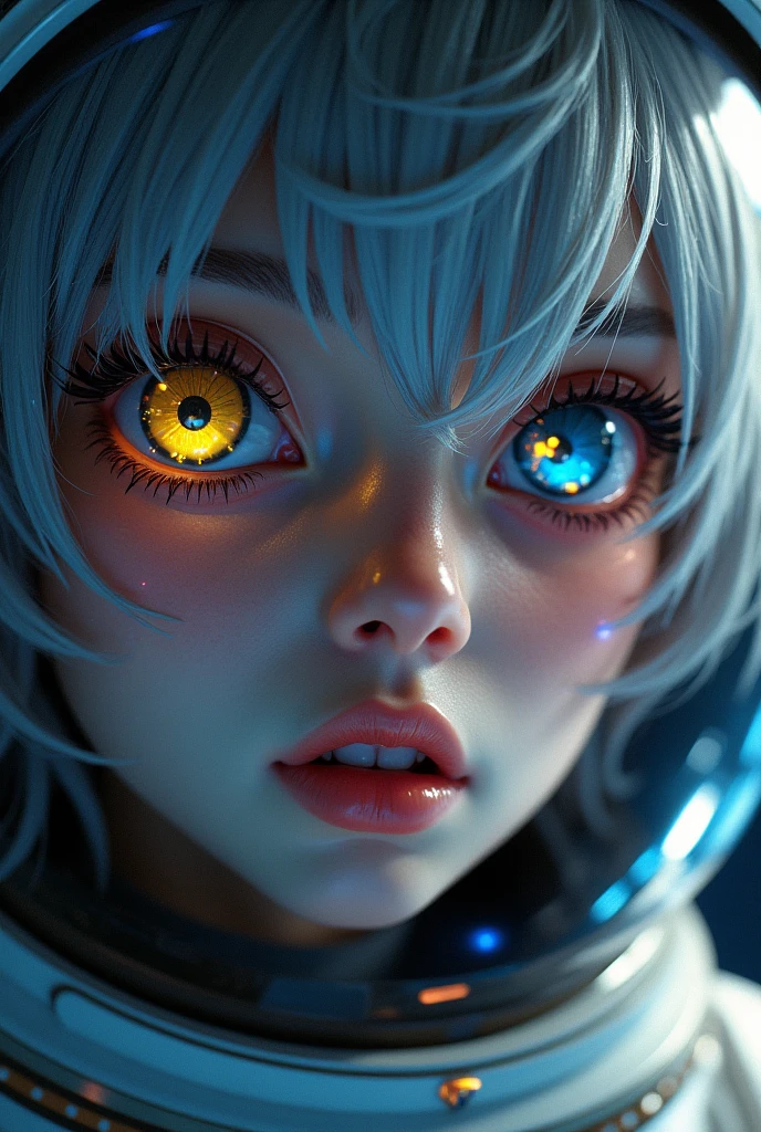 (Close-up of a better masterpiece:1.5)0.9], (Space and astronauts:1.2) (Messy silver hair:1.1) (Heterochromia xanthochromia and blue eyes:1.2) (Space Helmet:1.0) (Colored stars in the eyes:1.0) (A radiant glow:1.1) (thick lips:0.9)