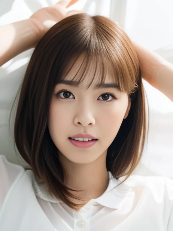 (Masterpiece, Best quality, 8K:1.3), (Ultra realistic, Photo-realistic:1.2), (From above:1.3), From side, (Crawling position:1.1), (Seductive pose:1.1), Natural light, 28 years old actress, Japanese women, Neat and clean, (Wearing white tennis uniform, White short-sleeve polo shirt:1.3), (unbutton:1.3), (White tennis mini skirt:1.3), White sock, (Beautiful thighs:1.1), (ponytail:1.1), (Short wavy hair:1.2), Light brown hair color, (Beautiful Face), Oval face, clear, Beautiful eyes, Kind eyes, Bedroom eyes, (Clear skin), Natural makeup, Small face, Small mouth, Beautiful mouth, Approachable, Hotel Suite room, On bed, Seductive smile, Shy,