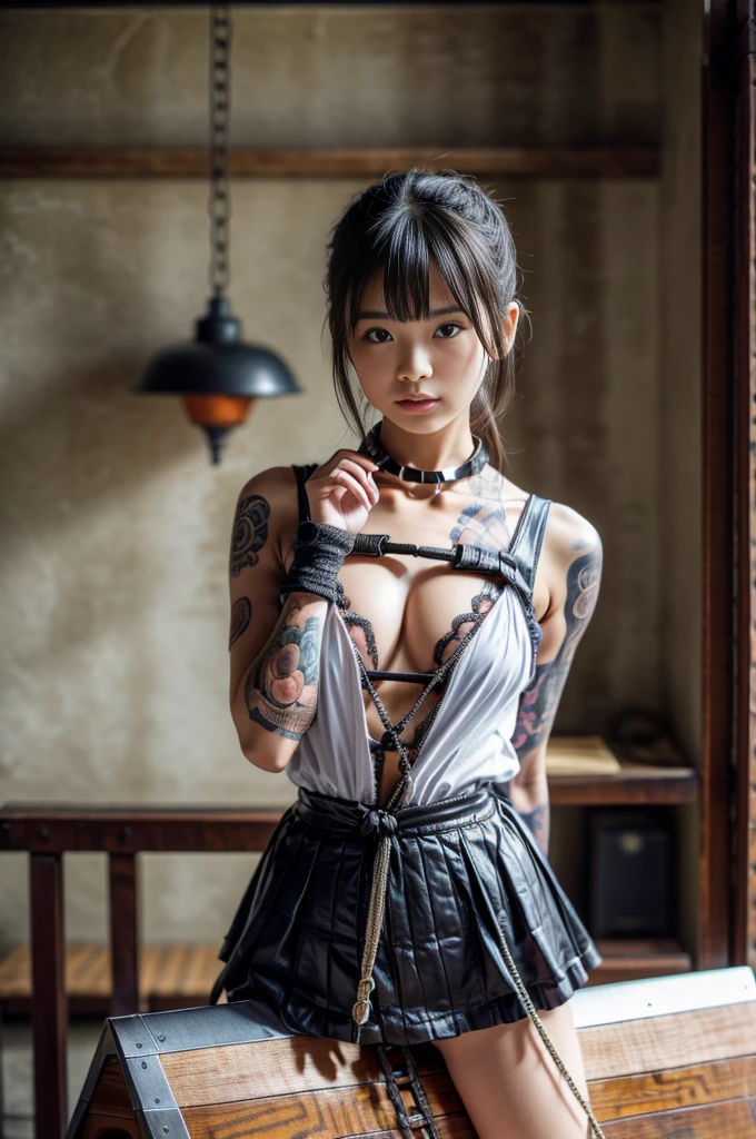 Browsing Caution,(最high quality:1.2), 32k HDR, High resolution,(Japanese women),(Tattooed arms),(A body covered in tattoos), (A body covered in tattoos),Dynamic pose,Long shot of a beautiful dark-haired girl, torture, A room in a love hotel,(Short tight skirt:1.3,Checked Skirt), (Put on a shirt:1.3), Beautifully illuminated, basement , Dramatic composition, epic scale, sense of awe, 超High resolution.Realistic:.1.4, (High resolutionの肌:1.2), 8k is, Digital single-lens reflex camera, high quality, Film Grain, Fujifilm XT3,(Riding a wooden horse:1.2,Straddling a wooden horse:1.2),(Nose hook:1.2),(The body is constrained with rope:1.2),(Collar can be attached with a chain:1.4),(Both hands are tied to the ceiling with rocks:1.4),Maid, Maid headdress, Maid apron, victorian Maid, Maid dress,, mksks style, Beautiful background, Detailed Background, professional lightning, building, indoor, From Kane ornament, From Kane, From Kane effects,Tied up with rope,Bondage,constrained,Round 1,rock,Full Body Tattoo,tattoo,((Round 1 with lead)),(A girl tied to rock),Women in ecstasy,climax,Acme,
