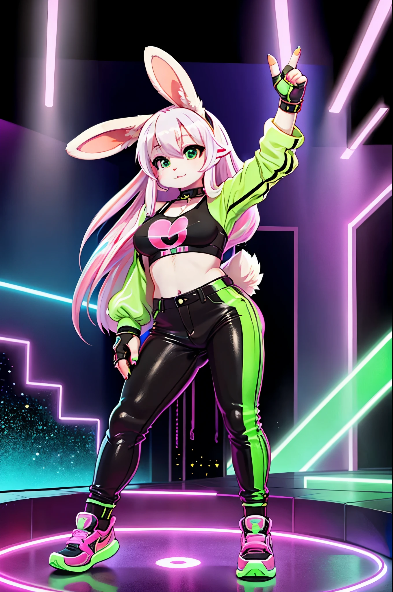 anime style, masterpiece, Best quality, white rabbit, 20 years, Normal breast, high, long hair, in a neon green tight crop top with separate sleeves, in neon green breakdancing pants with black patterns, wear fingerless gloves, standing in a nightclub