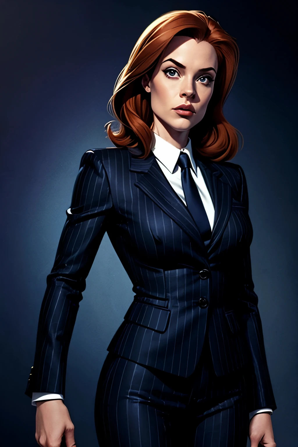 FBI agent Dana Scully from "The X-Files." 90's, black pinstripe suit