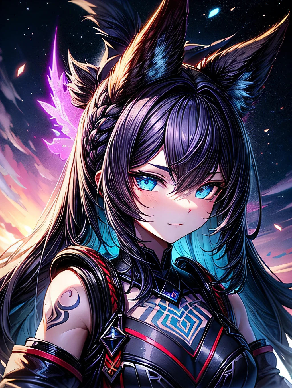 Black chacal girl, black dark fur high definition add_detail:1, black fur,kitsune ears, tribal tattoo add_detail:1,, mechon azul en el cabello,cosmic spacce landscape, pretty girl add_detail:3 18 year old girl, flirty look add_detail:3  ojos detallados  pupilas radiantes add_detail, glowing blue eyes, vista de cuerpo completo, garras en sus pies 